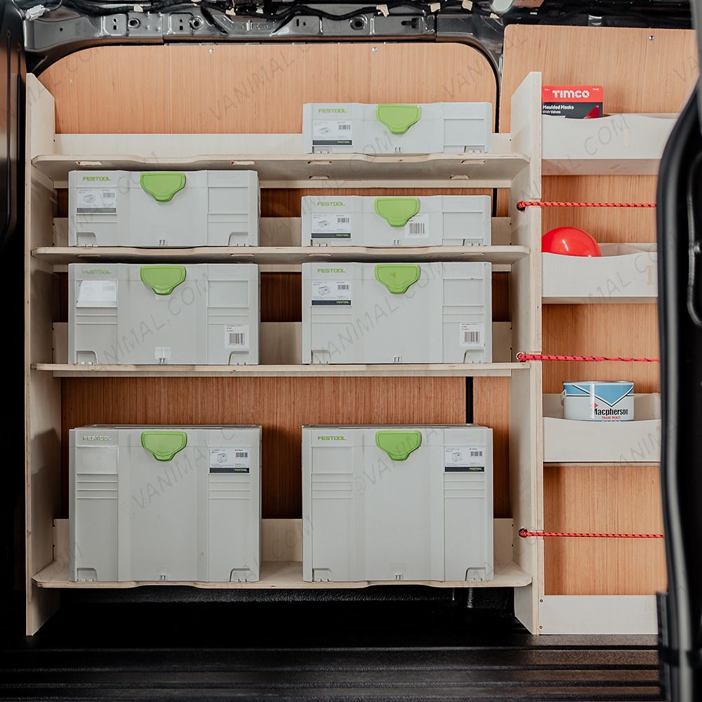 Side van view of the Fiat Scudo LWB Full Driver Side Ply Racking with Front Festool Shelving