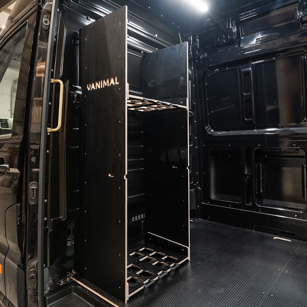 Side van angle view of the VW Crafter 2017+ DeWalt ToughSystem 2.0 Toolbox Compatible Van Racking - Bulkhead