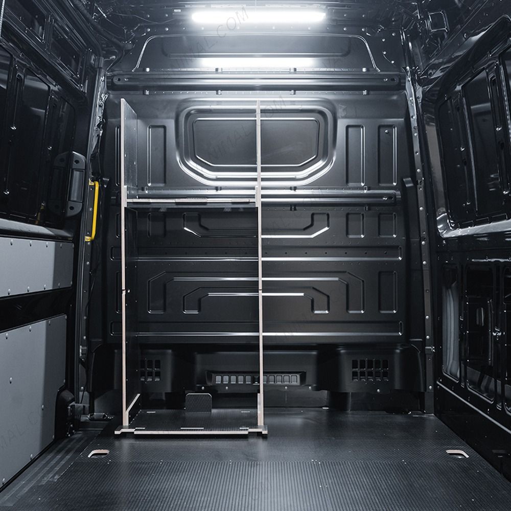 Rear van view of the VW Crafter 2017+ DeWalt ToughSystem 2.0 Trolley Compatible Van Racking - Bulkhead