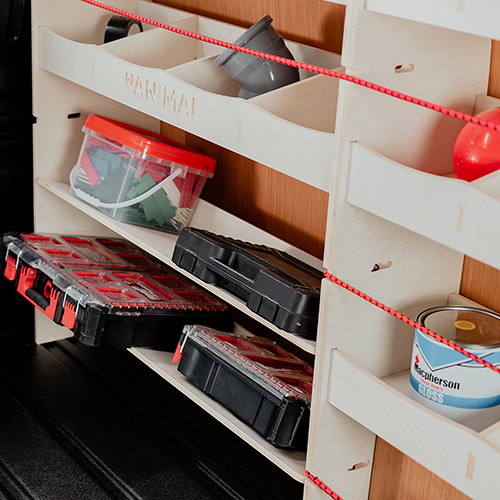 Close-up view of the shelving units for storage